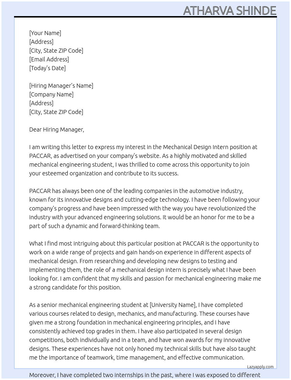 Cover letter for mechanical design intern - LazyApply