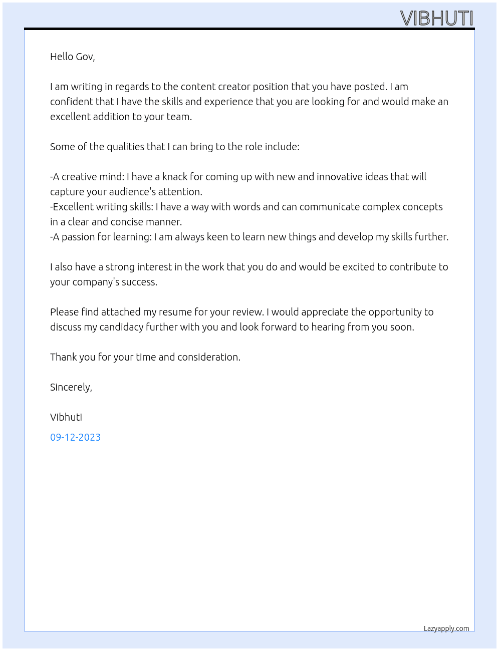 content creater At gov Cover Letter