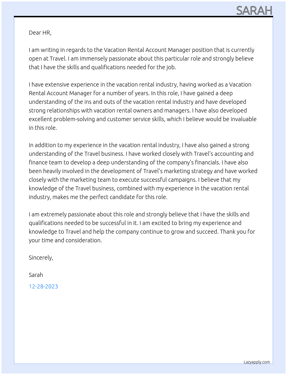 Vacation Rental Account Manager At Travel Cover Letter