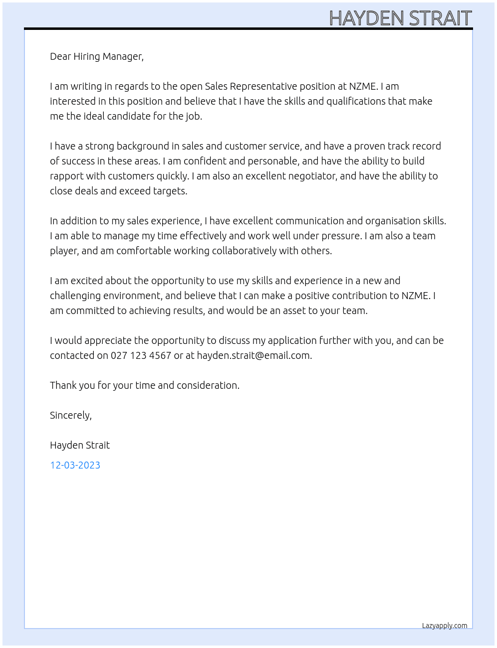 sales representative At NZME Cover Letter