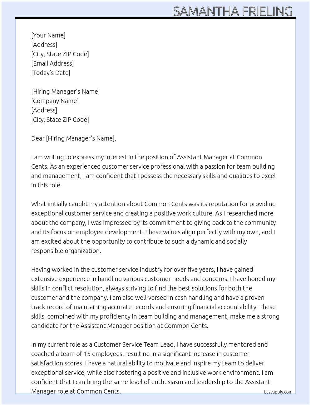 Assistant manager  At Common Cents  Cover Letter