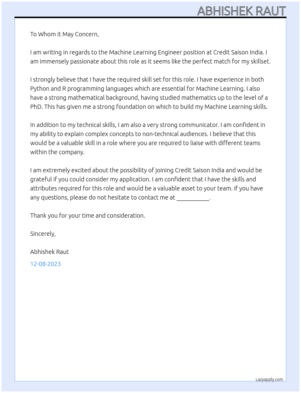 Machine Learning Engineer At Credit Saison India MNC NBFC Fintech Company Cover Letter