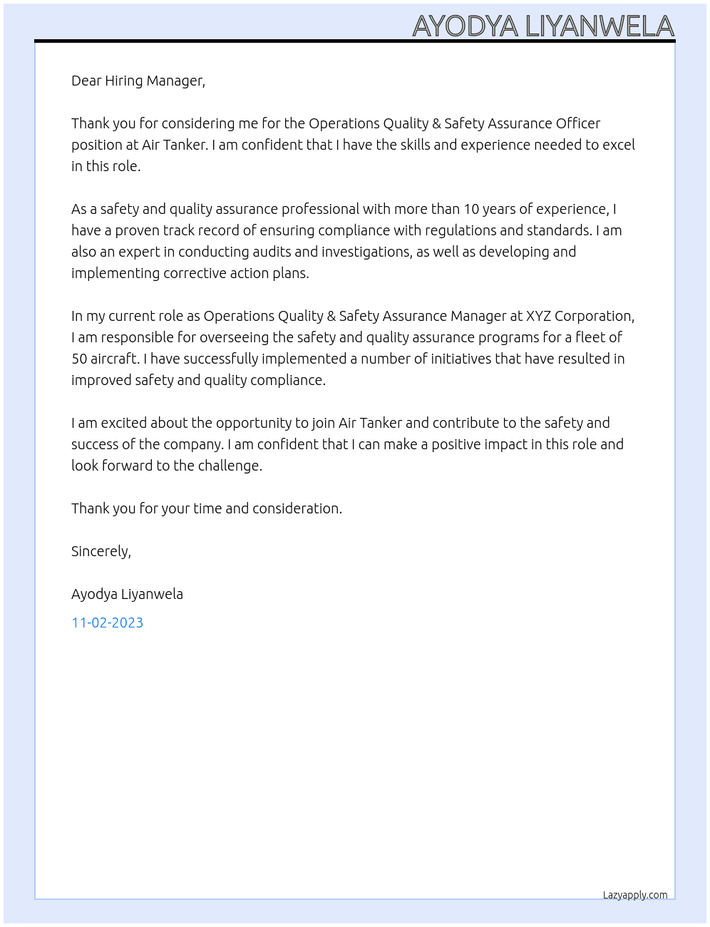 Operations Quality & Safety Assurance Officer At Air Tanker  Cover Letter