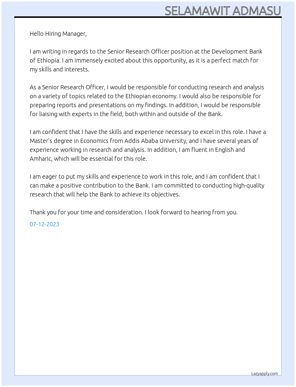 Senior Research Officer  At Development Bank of Ethiopia Cover Letter