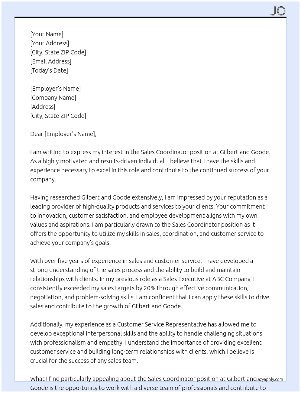 Sales co ordinator  At Gilbert and Goode  Cover Letter