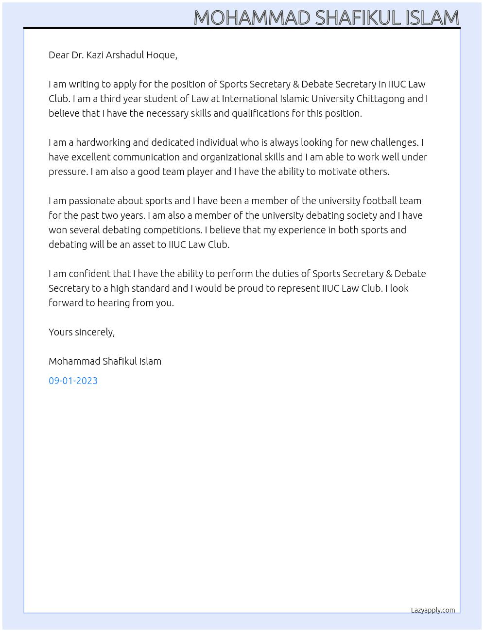 Sports Secretary & Debate Secretary At IIUC Law Club Cover Letter
