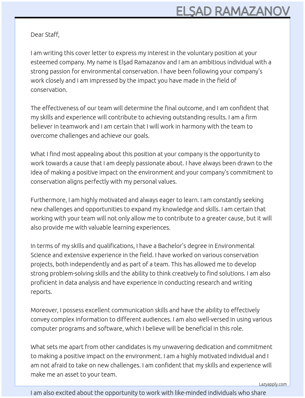 voluntary  At Staff Cover Letter