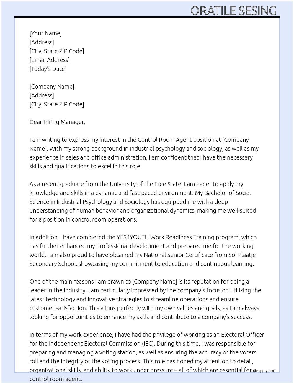 control room agent  At compnay Cover Letter