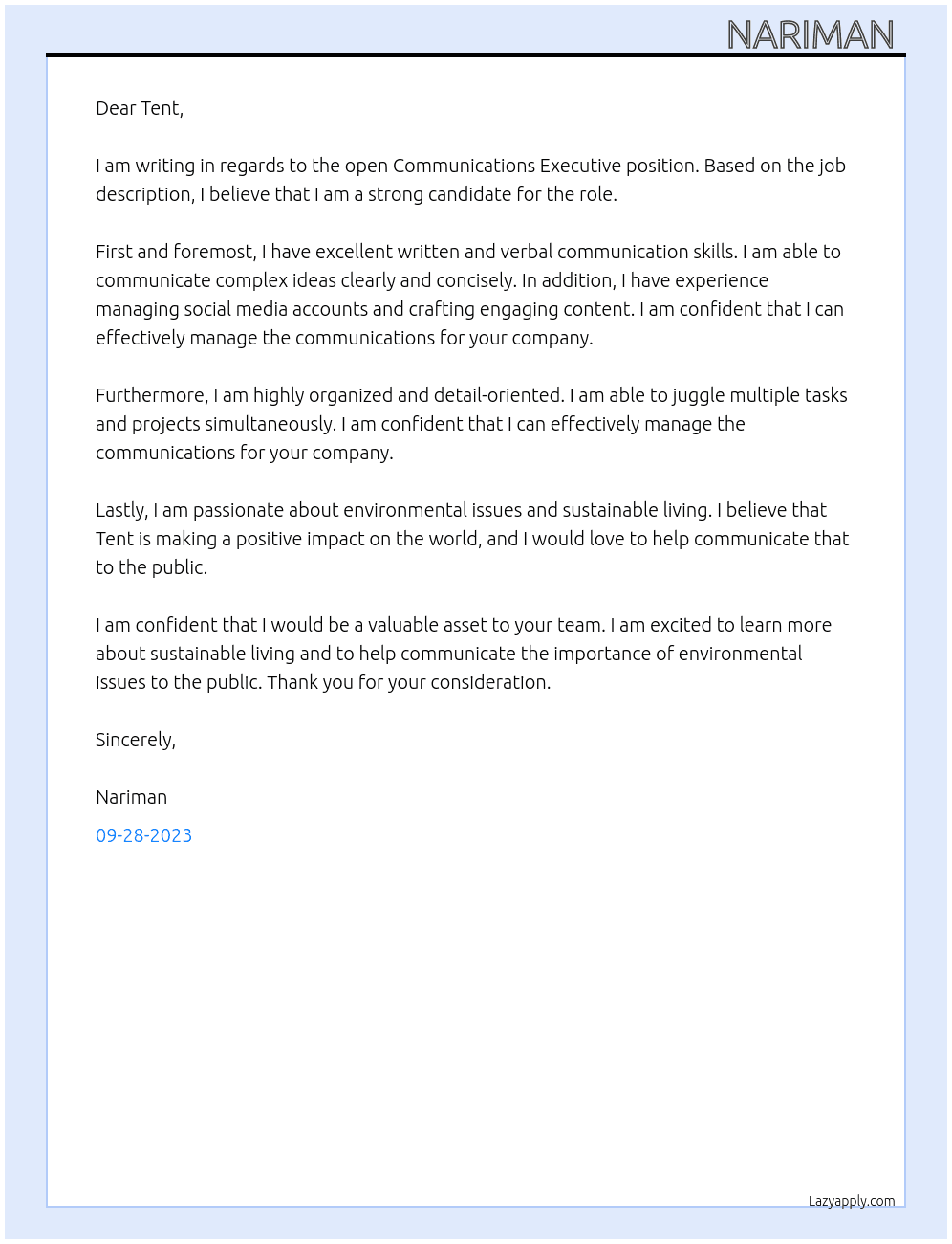 Communications Executive At Tent Cover Letter