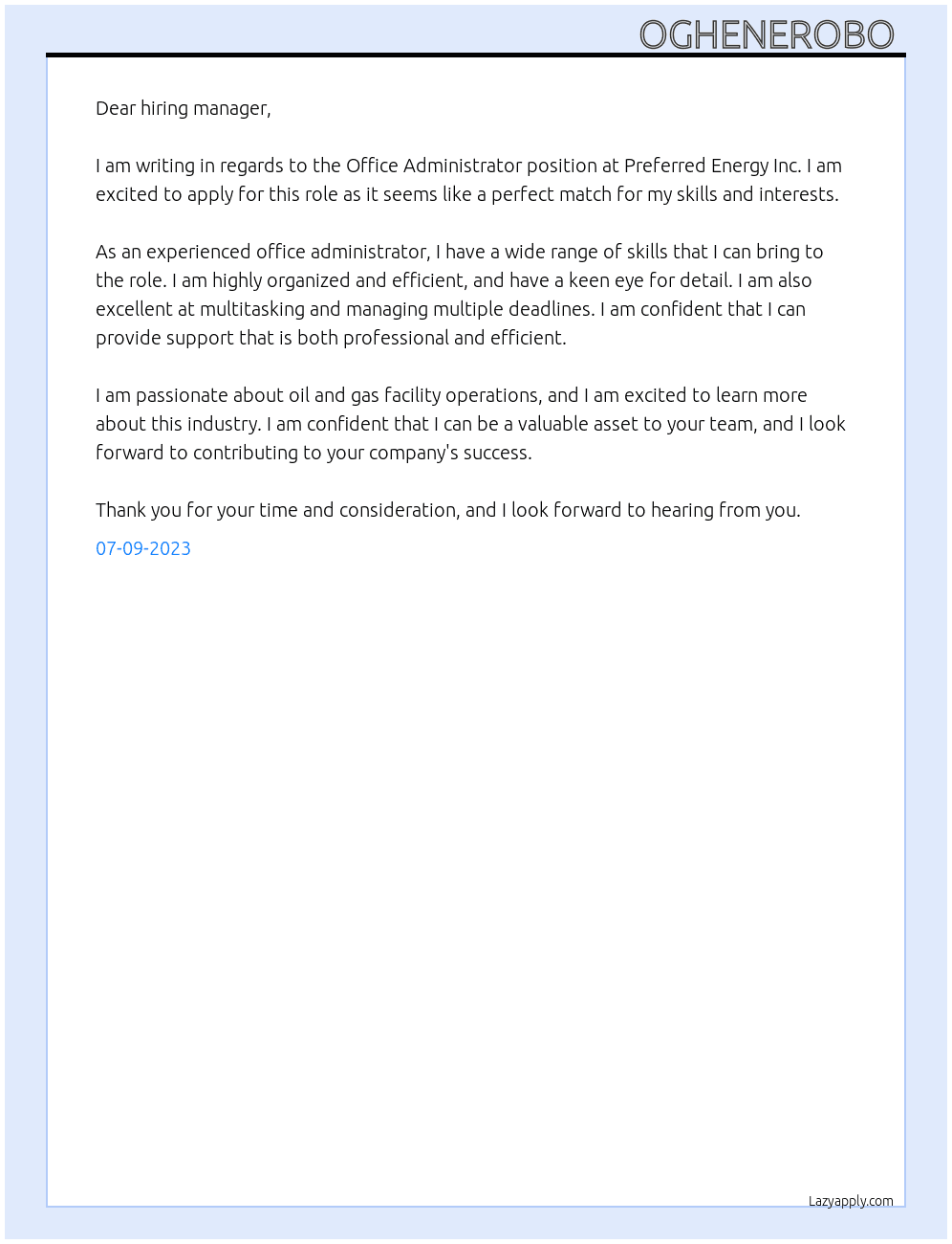 OIL & GAS FACILITY OPERATOR At Preferred Energy Inc. Cover Letter