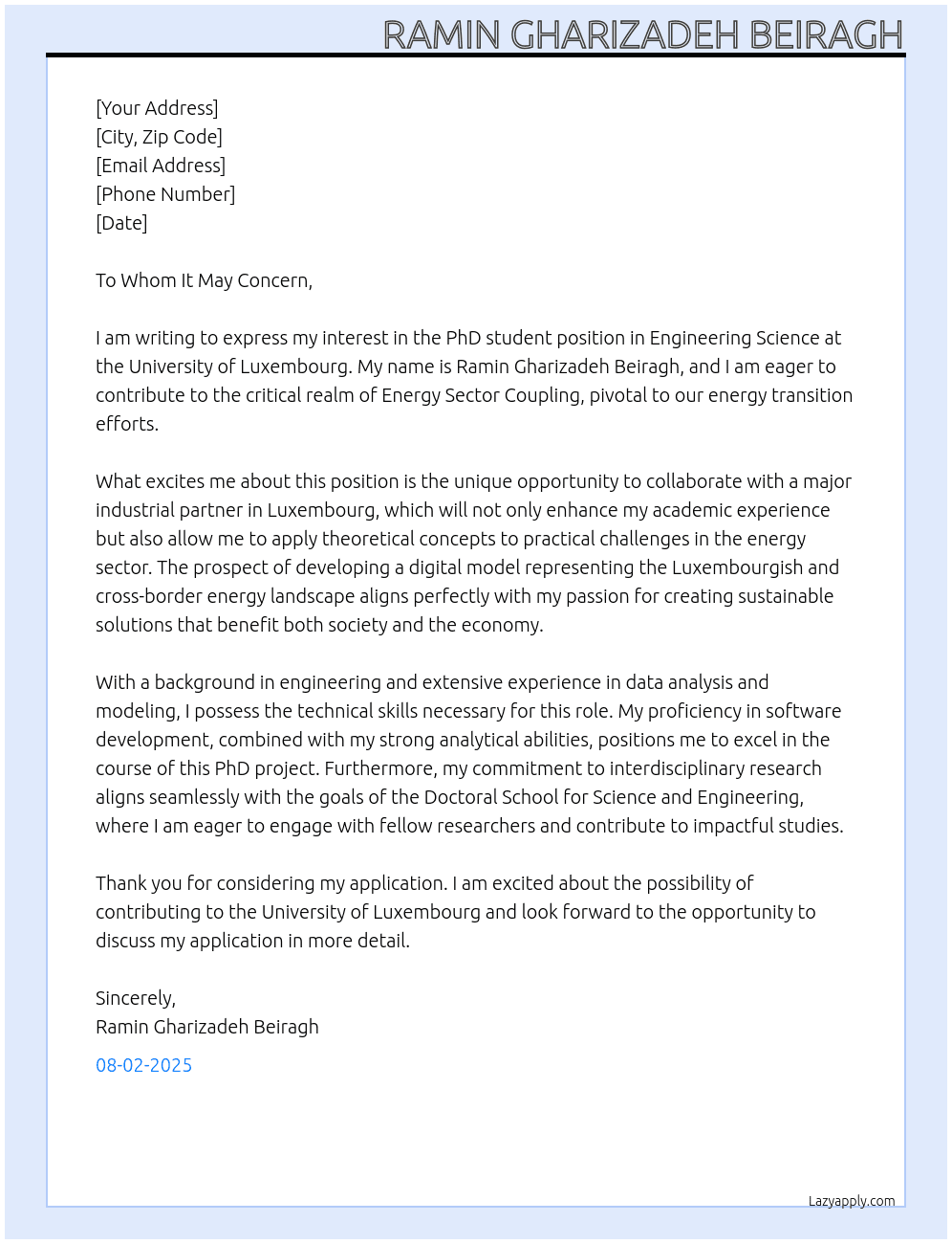PhD student position in Engineering Science At The University of Luxembourg Cover Letter