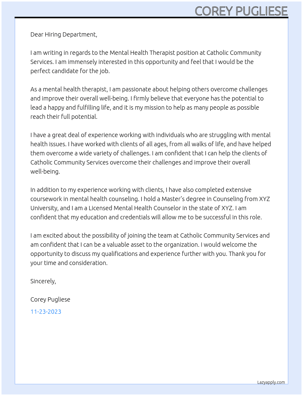 Mental Health Therapist At Catholic Community Services Cover Letter