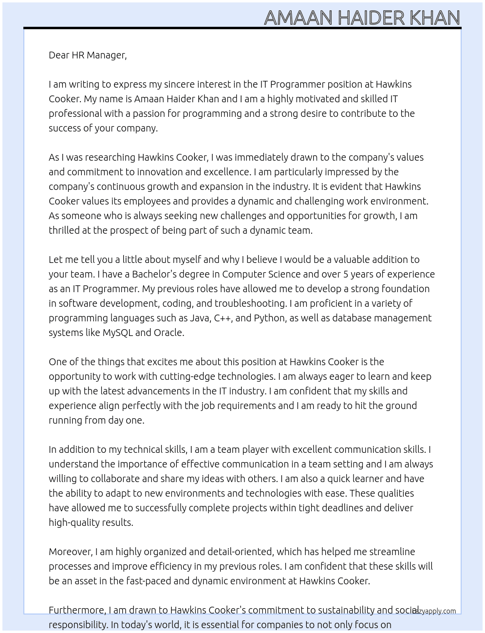 IT Programmer At Hawkins Cooker Cover Letter