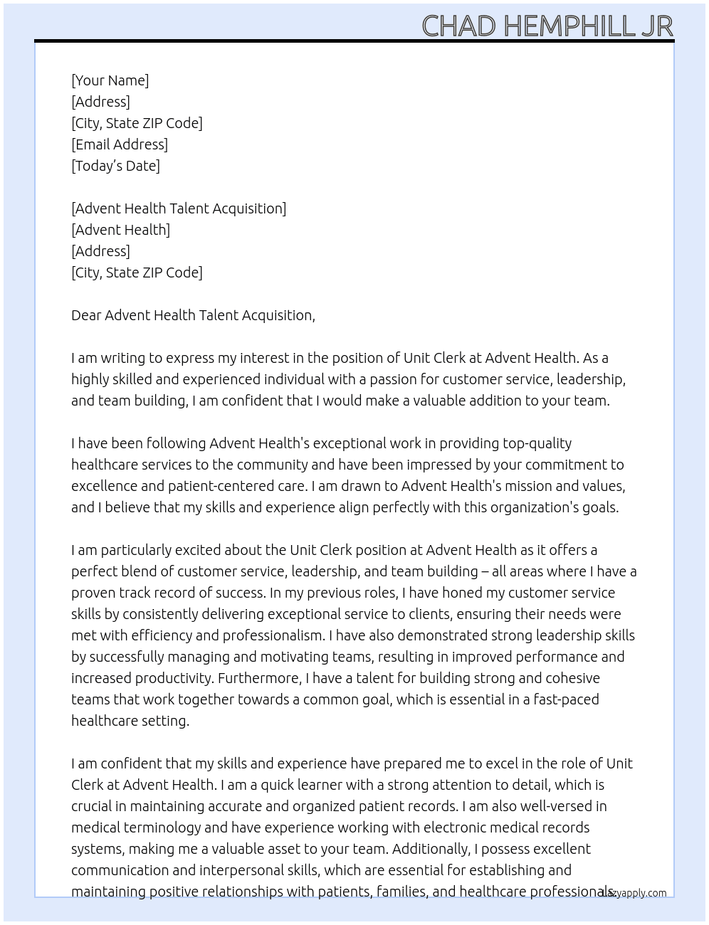 Unit Clerk At Advent Health Cover Letter