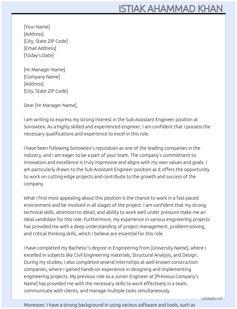 Sub-Assistant Engineer  At Sonowtex  Cover Letter
