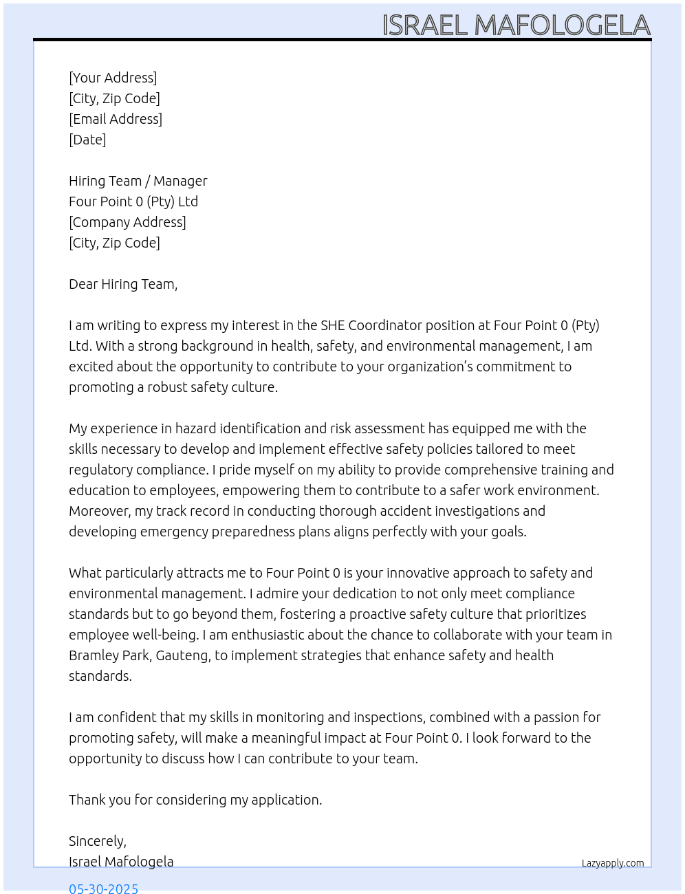 Cover letter for she coodinator - LazyApply