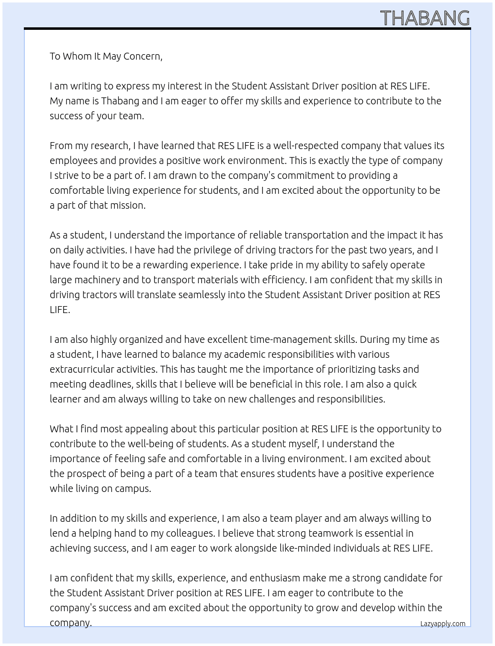 Student assistant Driver At RES LIFE Cover Letter