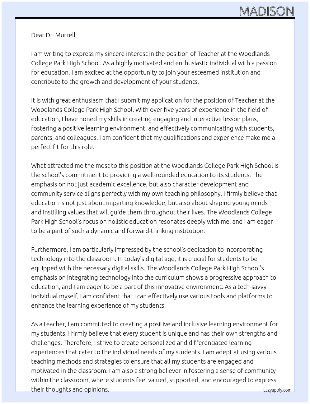 Teacher At The Woodlands College Park High School Cover Letter