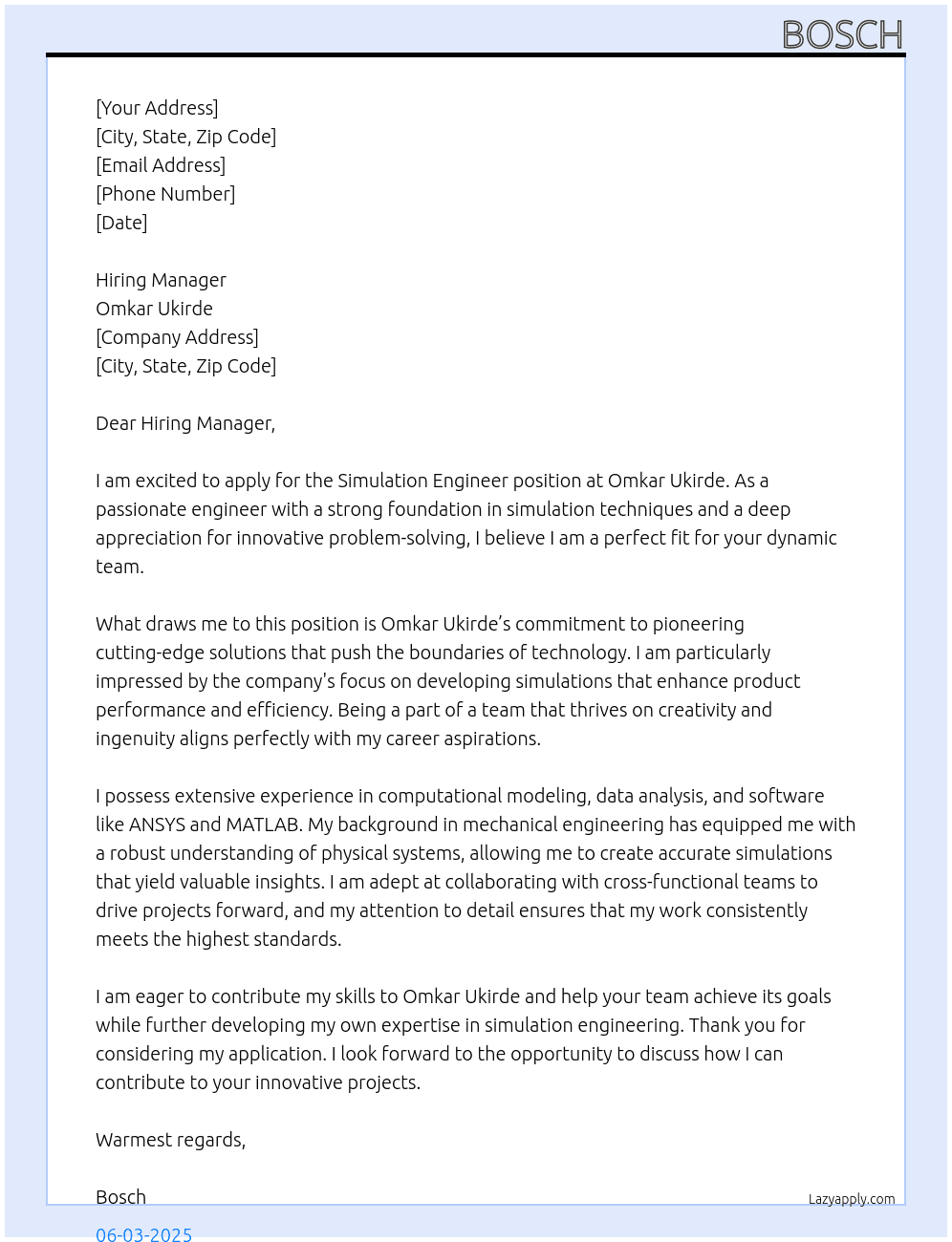 Simulation Engineer At Omkar ukirde Cover Letter