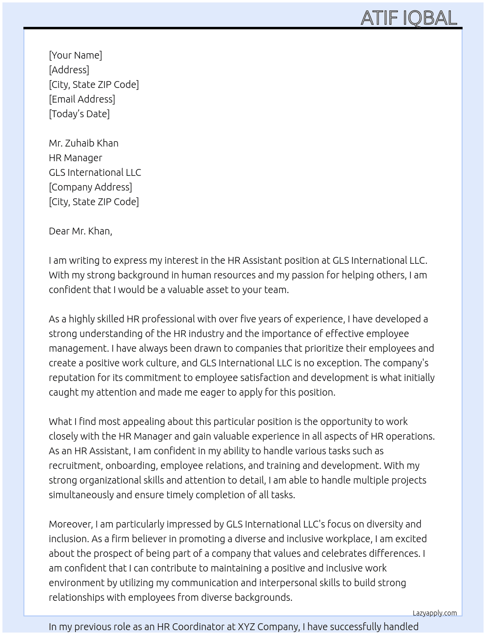HR Assistant  At GLS International LLC Cover Letter