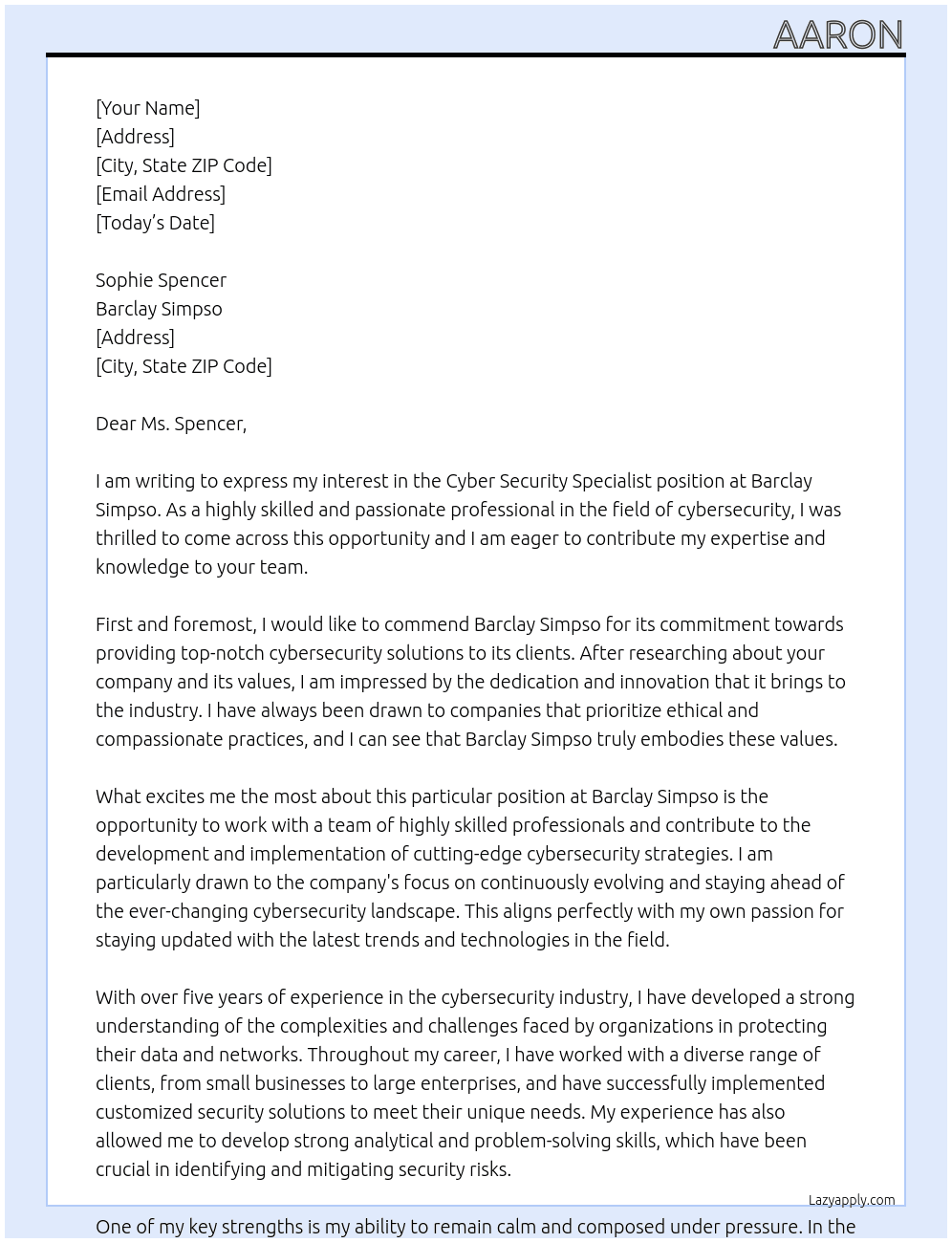 Cyber Security Specialist At Barclay Simpso Cover Letter