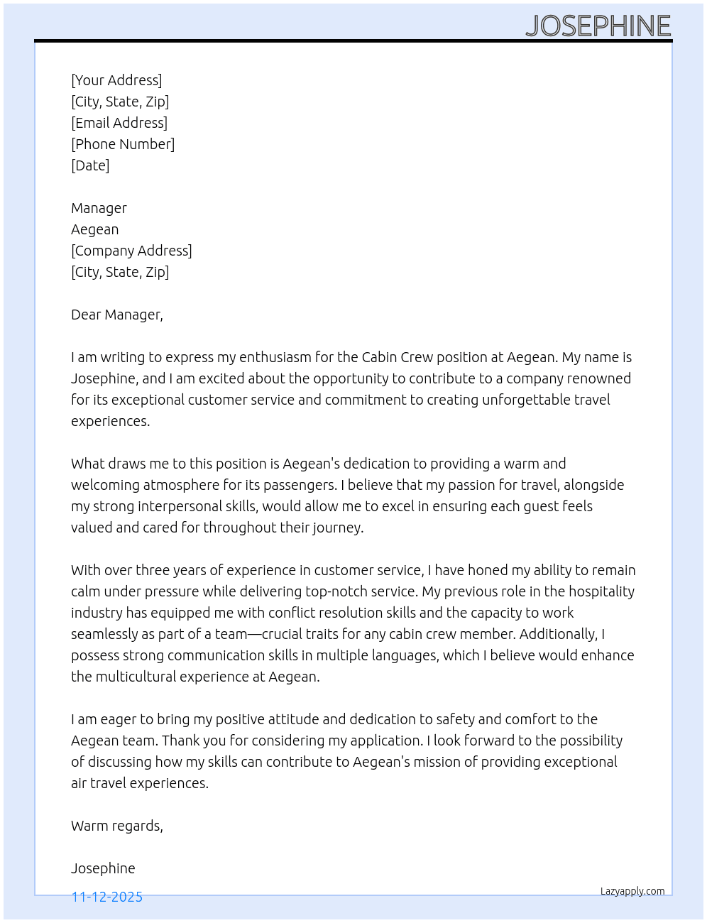 CABIN CREW At AEGEAN Cover Letter