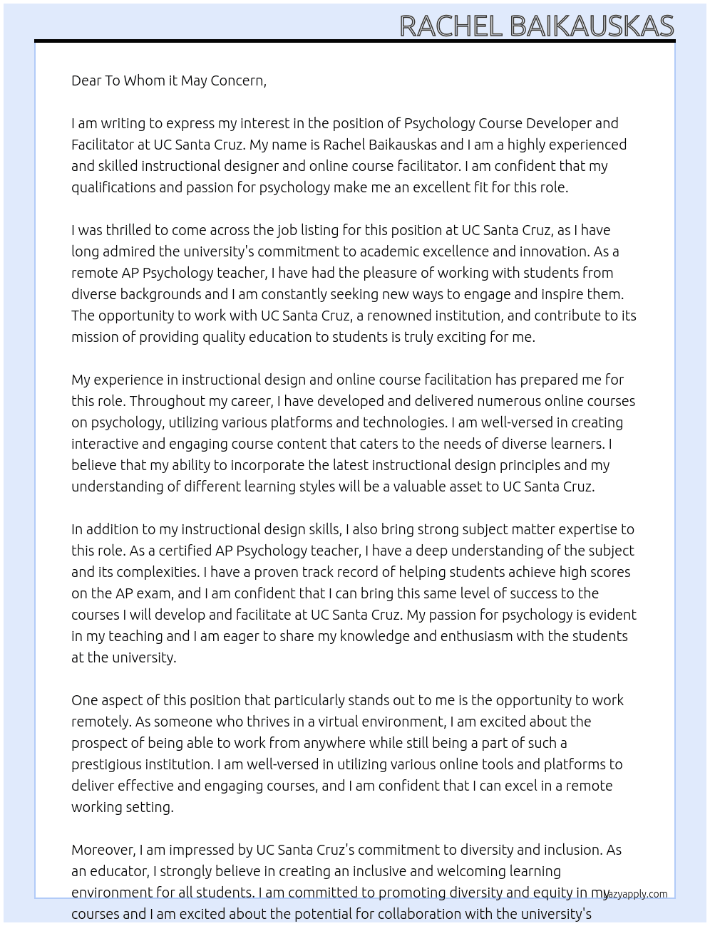 Psychology Course Developer and Facilitator - Remote At UC Santa Cruz Cover Letter