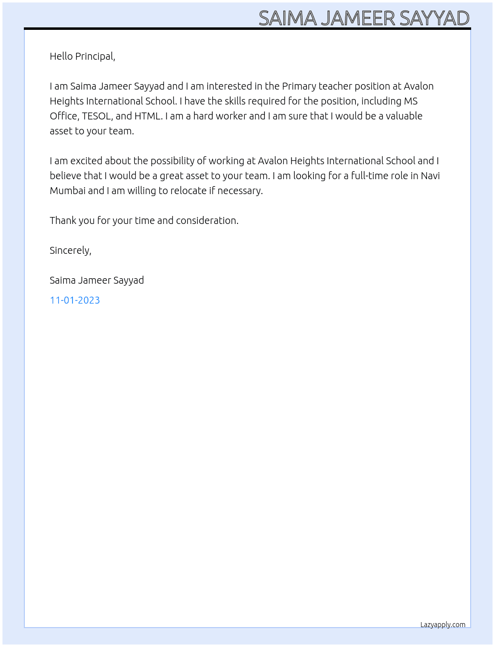 Primary teacher  At Avalon Heights International School  Cover Letter