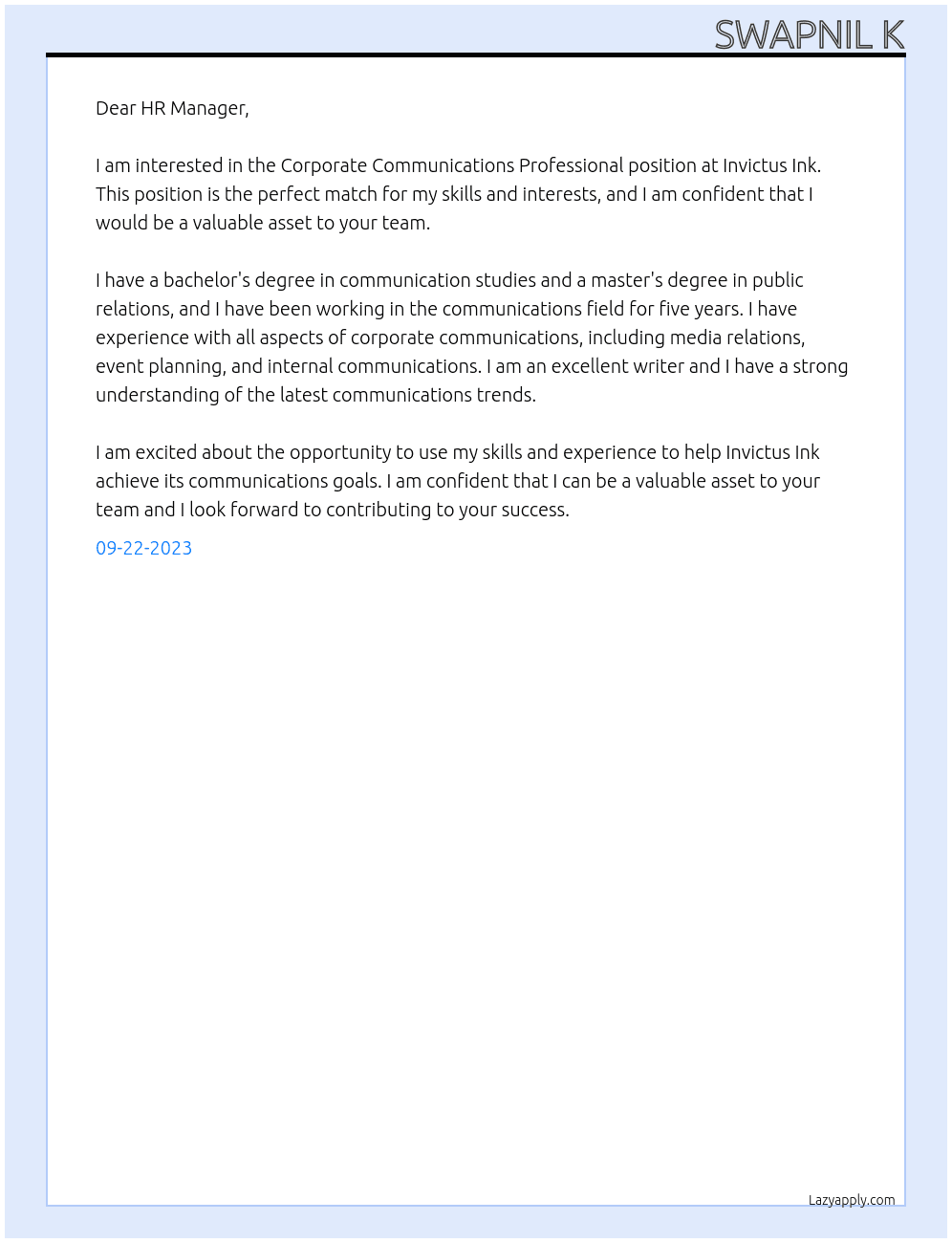 Corporate Communications Professional At Invictus Ink  Cover Letter