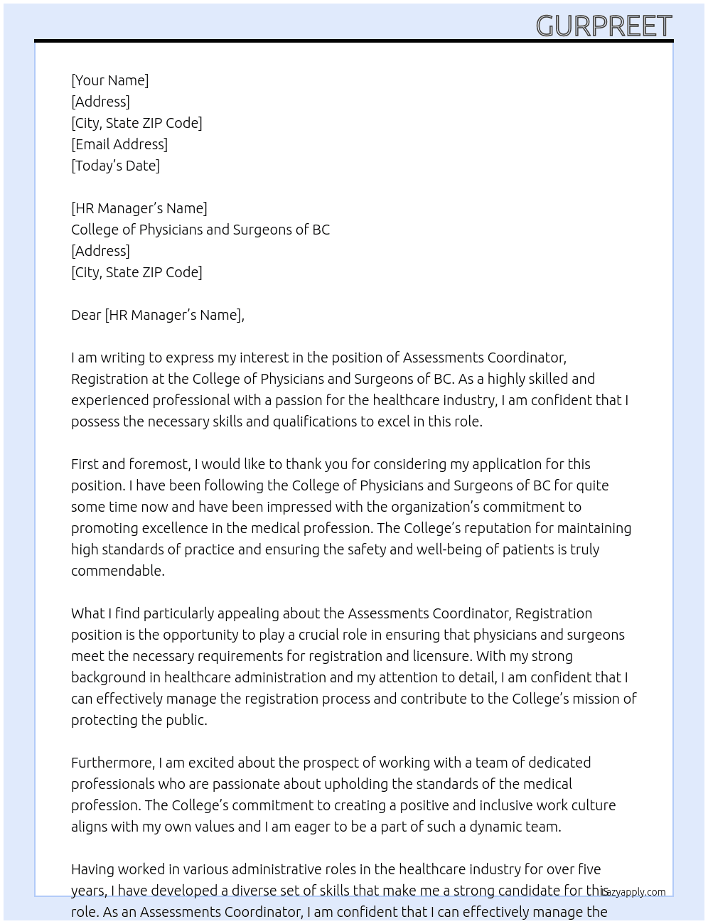 Assessments Coordinator, Registration At College of Physicians and Surgeons of BC Cover Letter