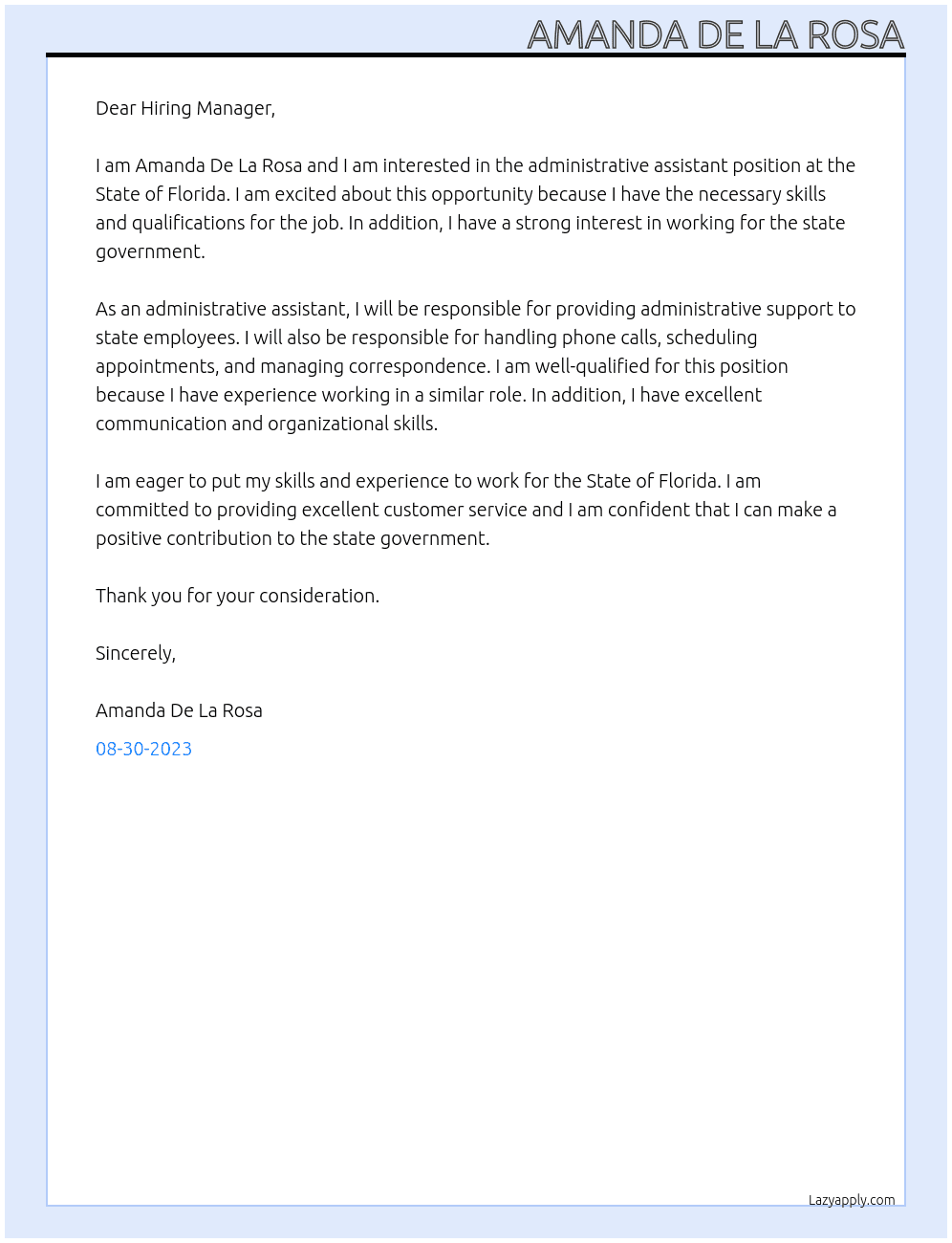 Administrative Assistant At State of Florida Cover Letter