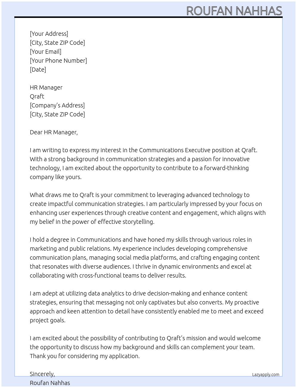 Cover letter for communications executive - LazyApply