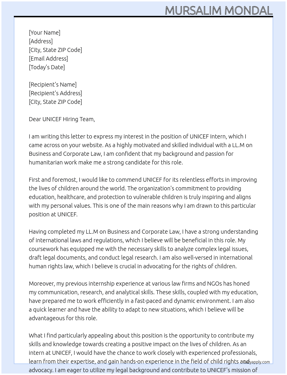 UNICEF INTERN At As a intern Cover Letter