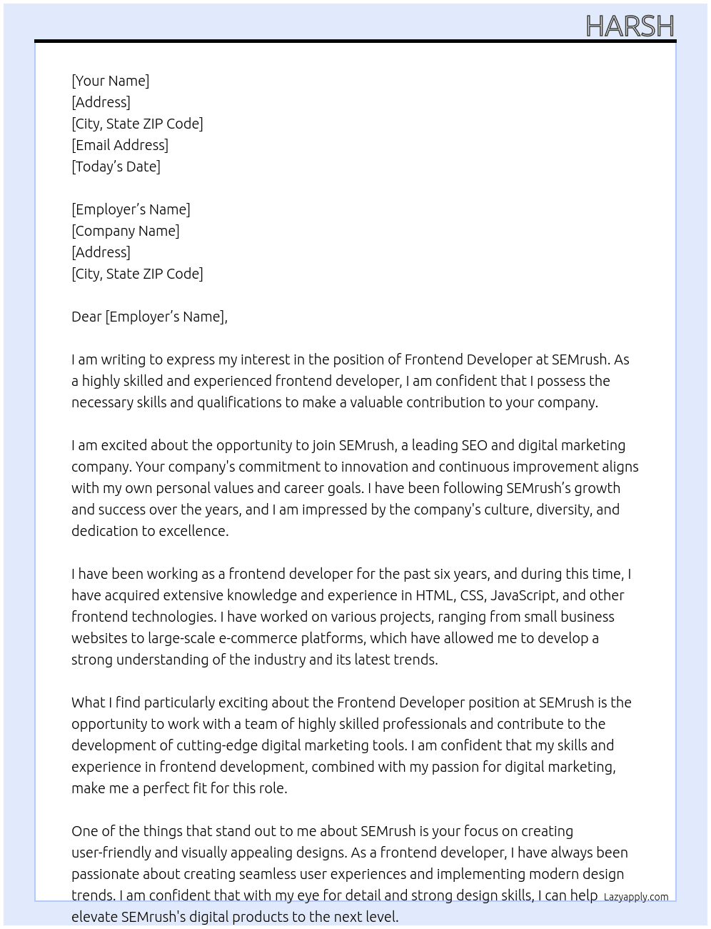 frontend developer  At semrush Cover Letter
