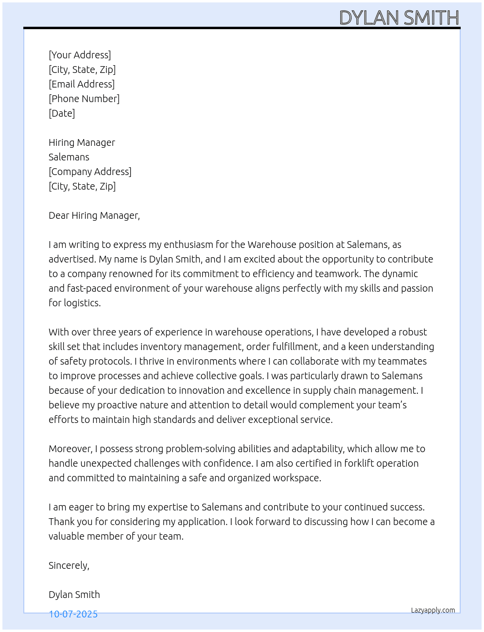 warehouse At salemans Cover Letter