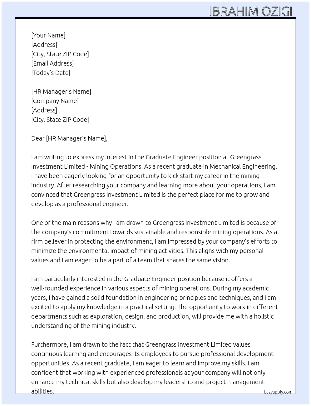 Graduate Engineer  At Greengrass Investment Limited - Mining Operations  Cover Letter