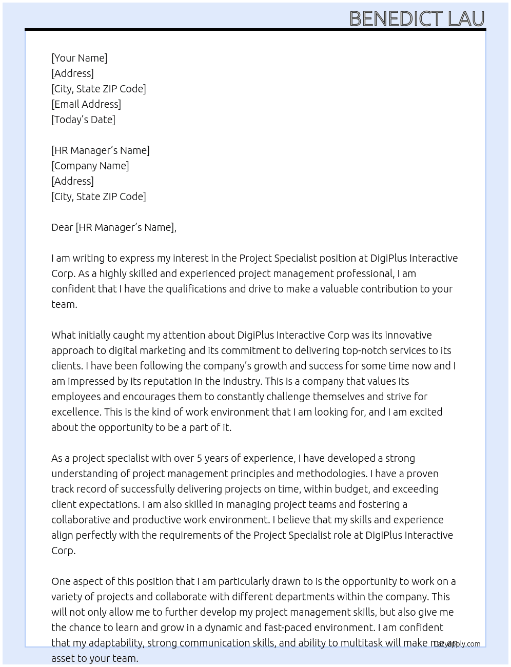 Project Specialist At DigiPlus Interactive Corp. Cover Letter