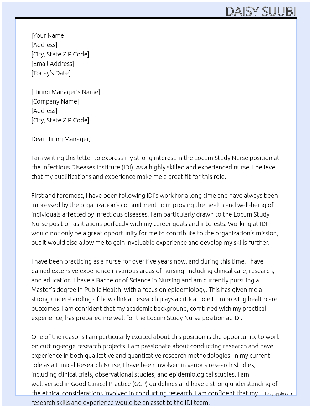 Locum study nurse  At IDI Cover Letter