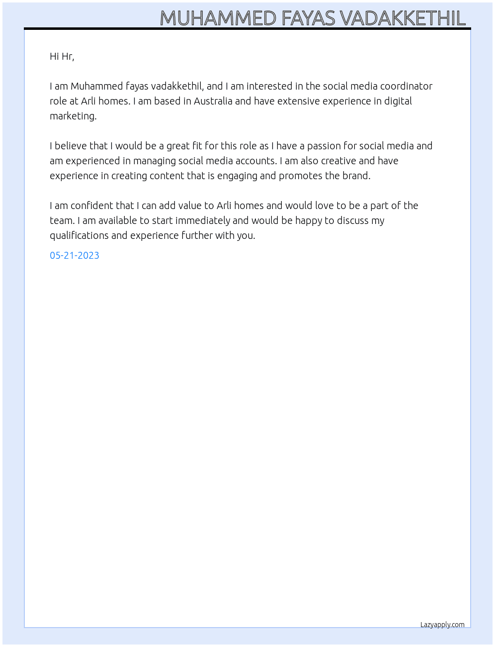 Digital marketing  At Arli homes Cover Letter
