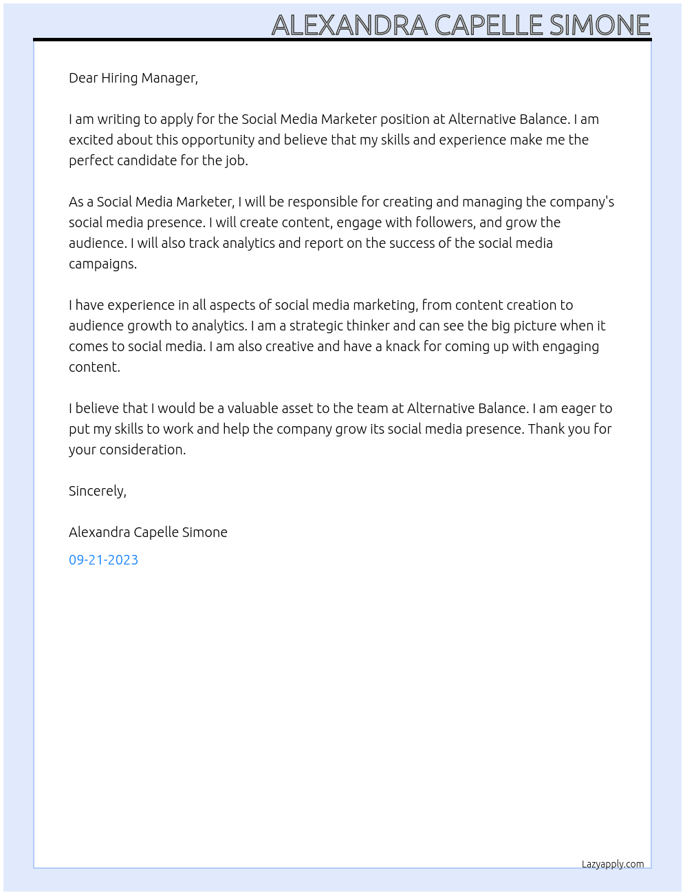 Social Media Marketer At Alternative Balance Cover Letter