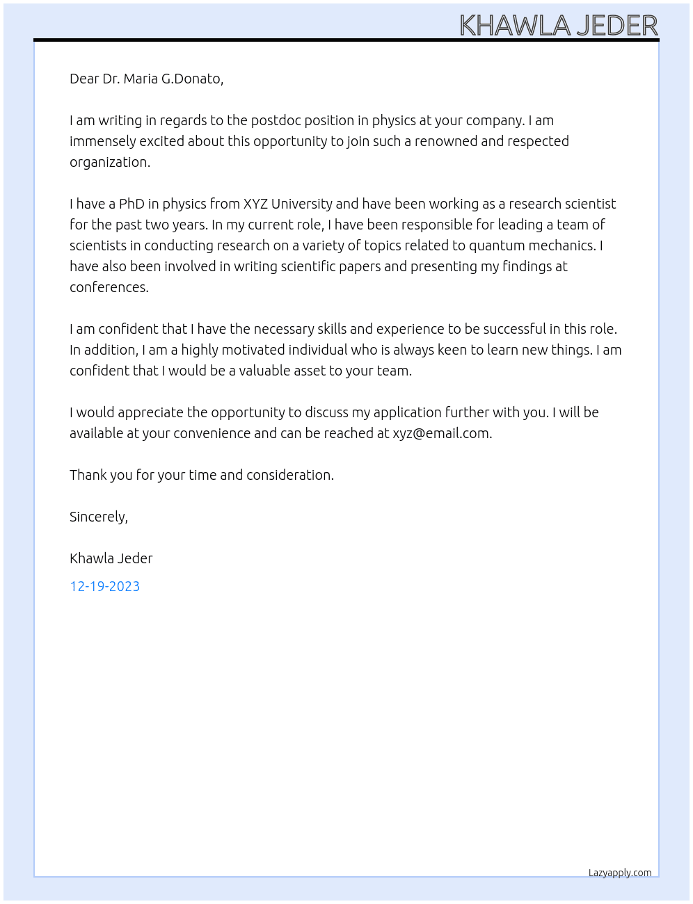 postdoc At physics Cover Letter
