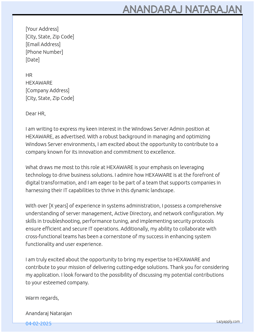 Windows Server Admin At HEXAWARE Cover Letter