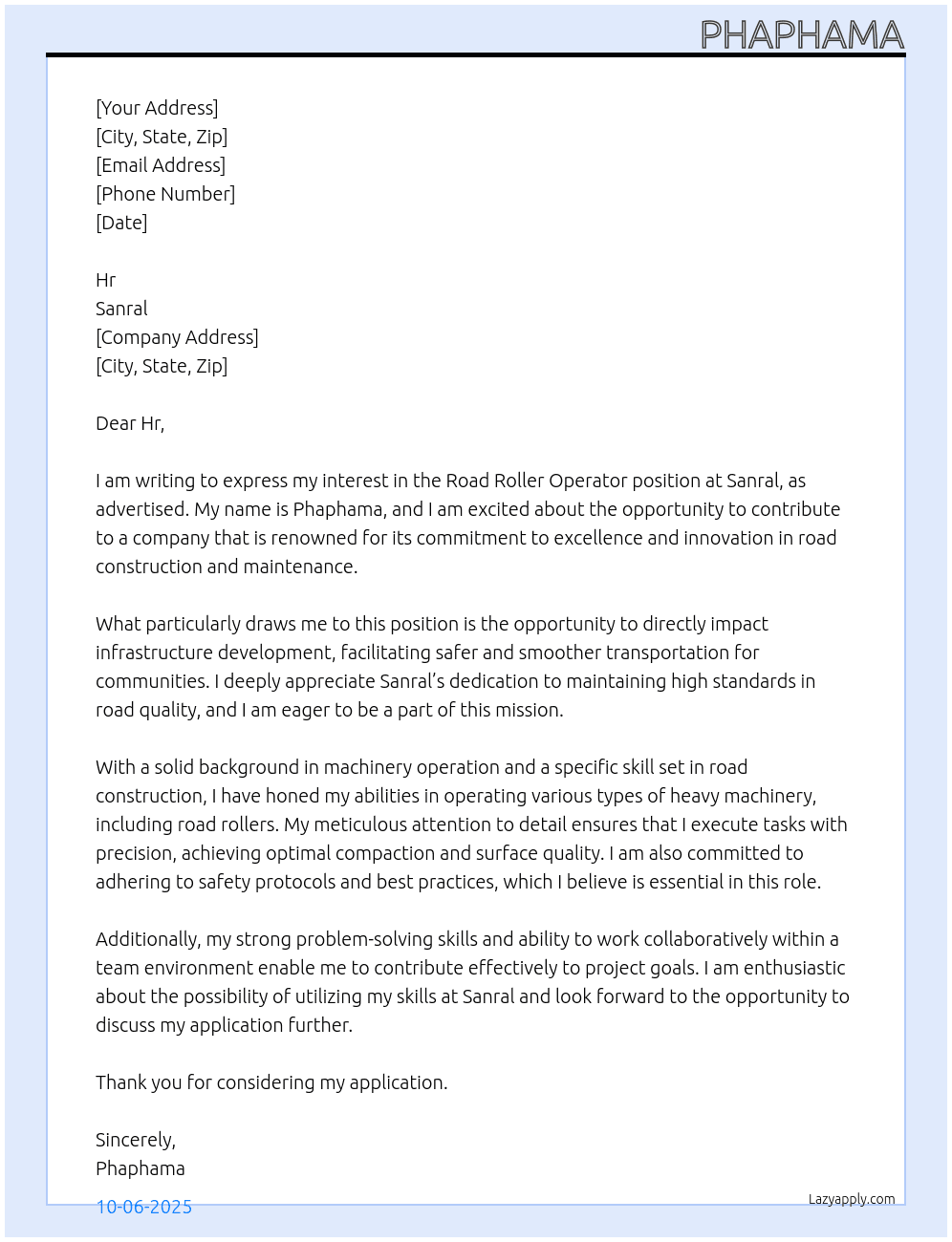 Road Roller Operation At Sanral Cover Letter