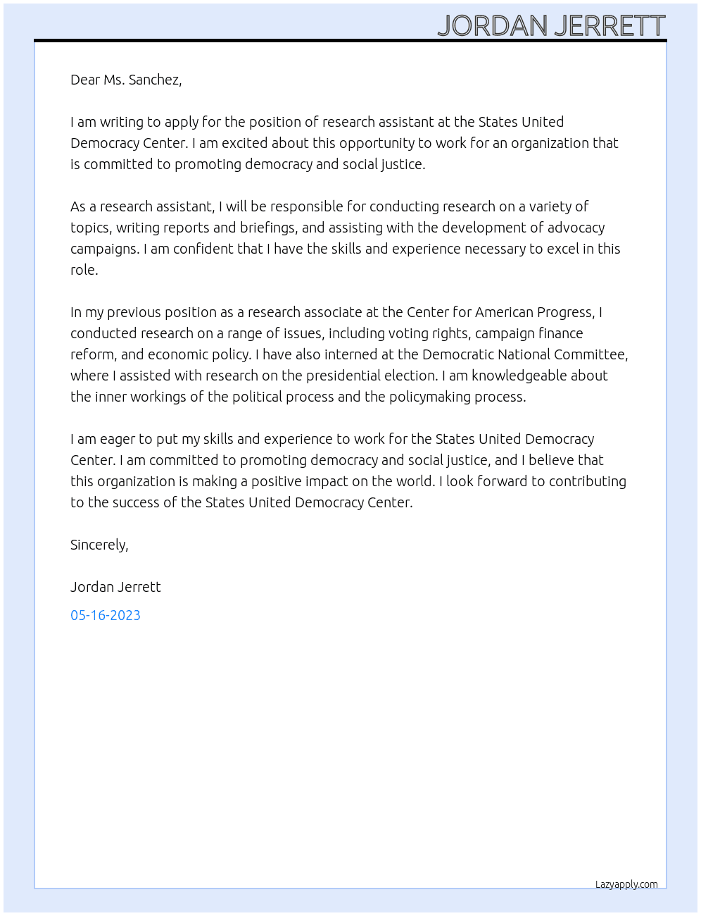 Research Assistant At States United Democracy Center Cover Letter