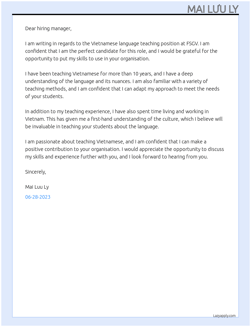 Vietnamese language teacher At FSGV Cover Letter