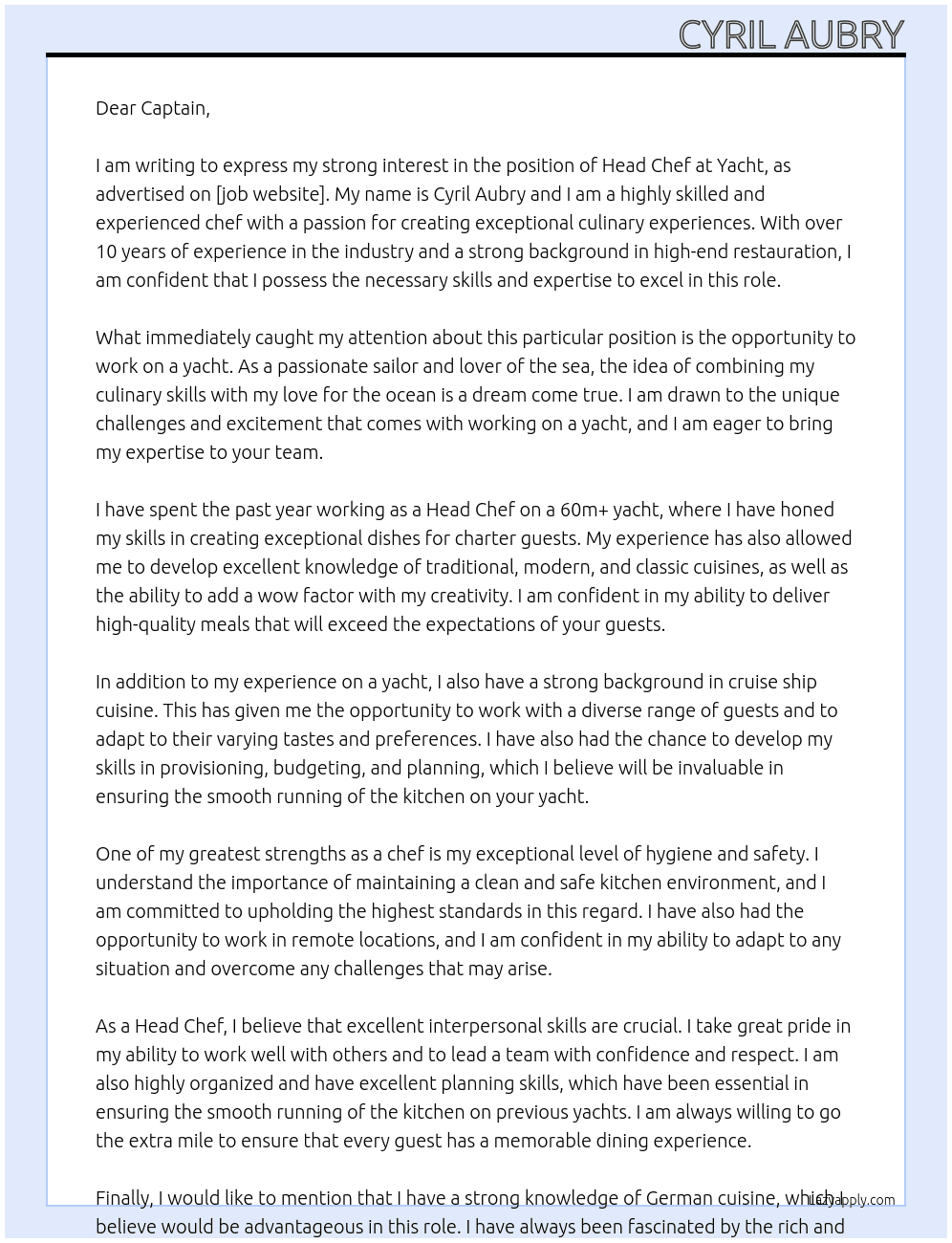 Head chef  At Yacht  Cover Letter