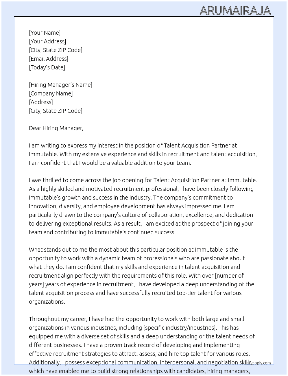 Talent Acquisition Partner  At Immutable Cover Letter