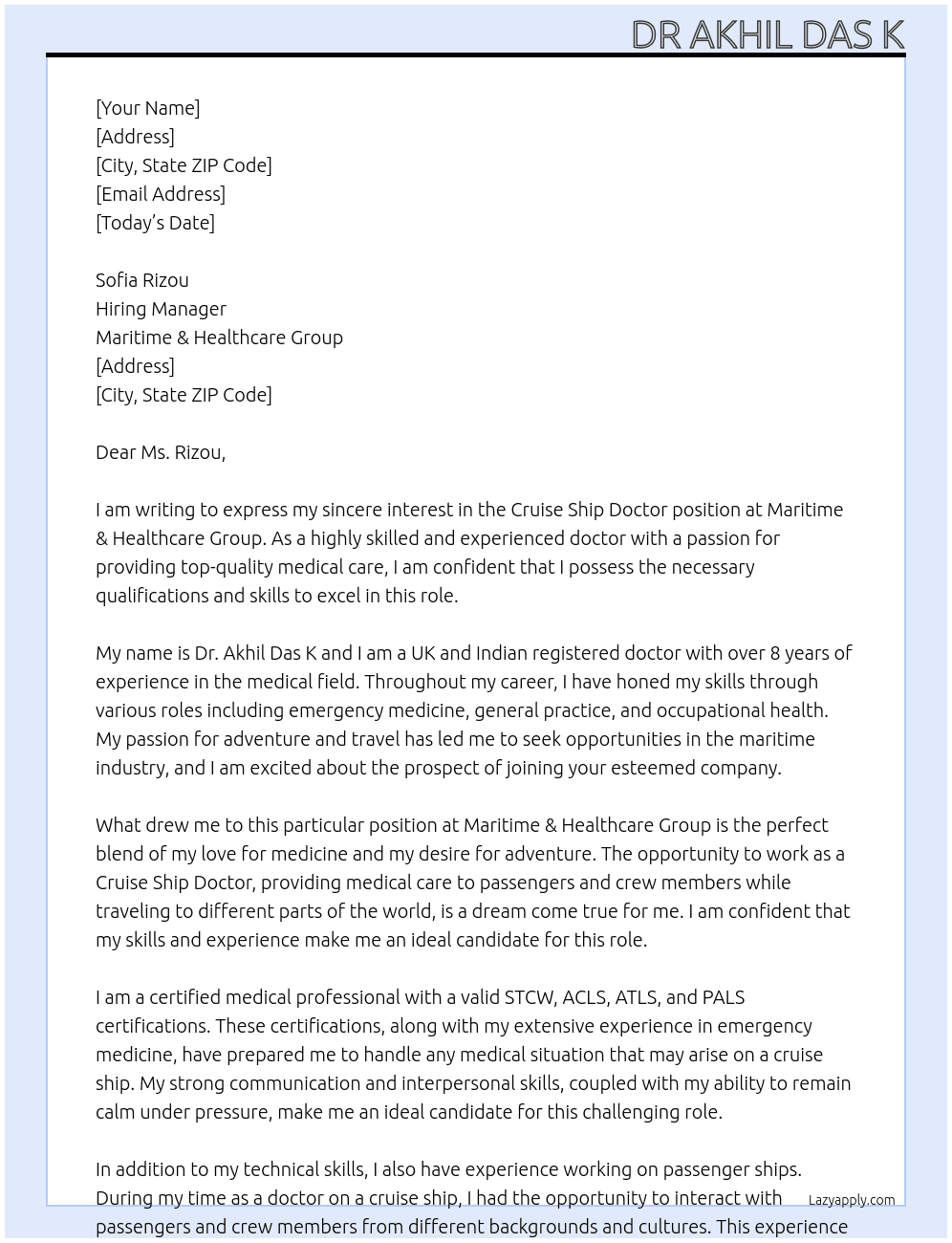 Cruise ship doctor At Maritime & Healthcare Group Cover Letter