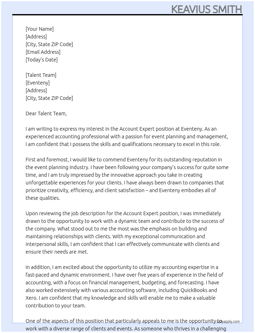 Account Expert At Eventeny Cover Letter