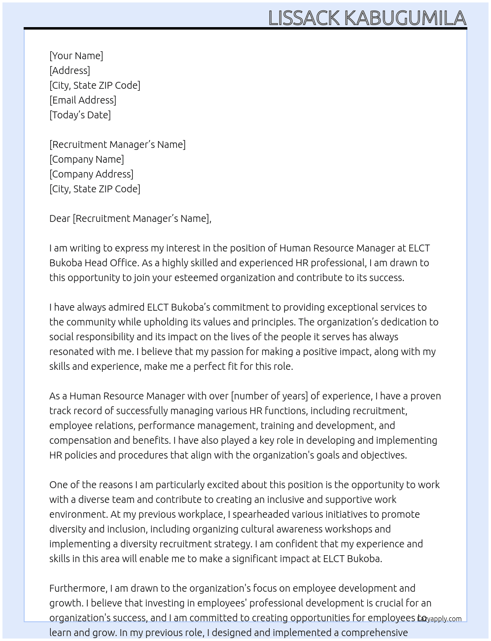 Human resource manager At ELCT Bukoba heard office Cover Letter